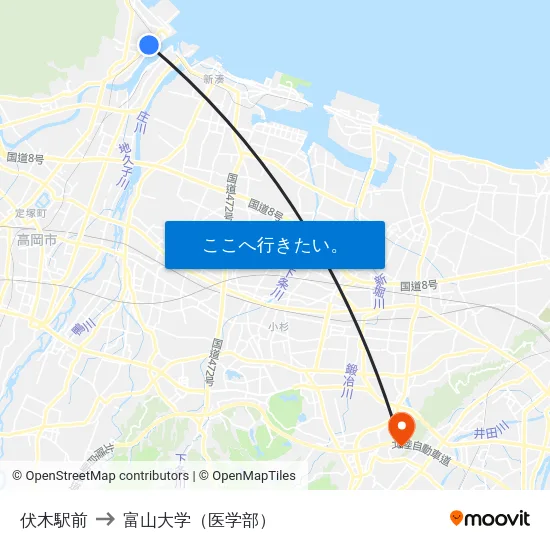 伏木駅前 to 富山大学（医学部） map