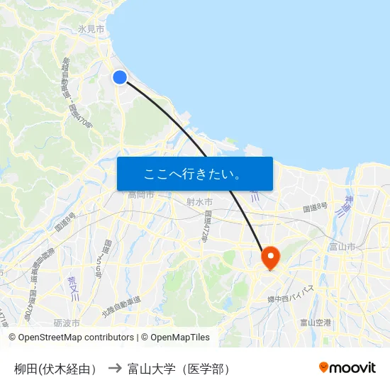 柳田(伏木経由） to 富山大学（医学部） map