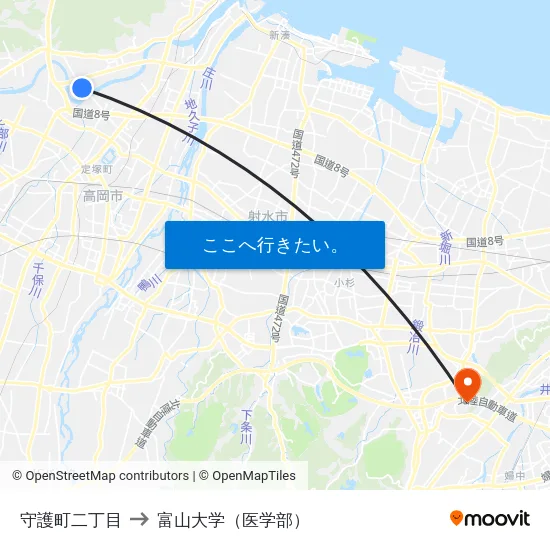 守護町二丁目 to 富山大学（医学部） map
