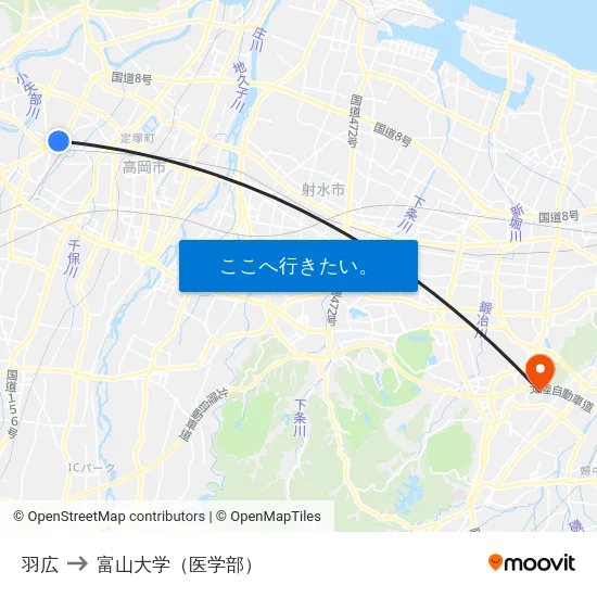 羽広 to 富山大学（医学部） map