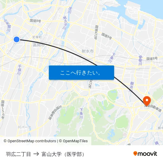 羽広二丁目 to 富山大学（医学部） map