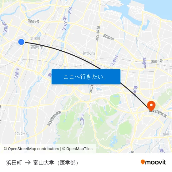 浜田町 to 富山大学（医学部） map