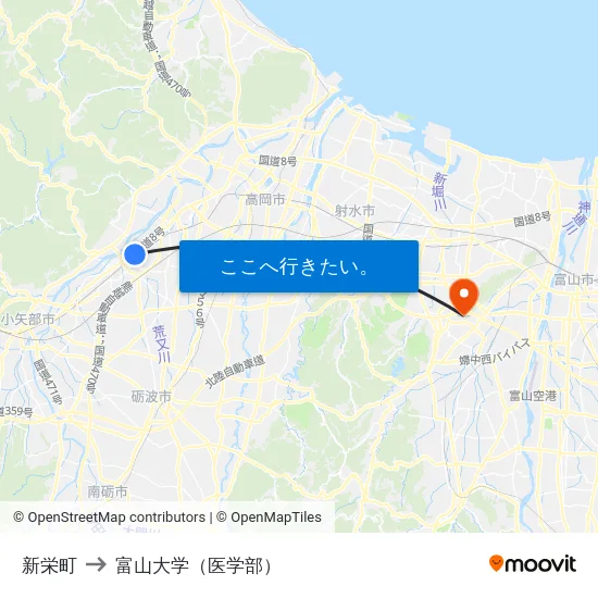 新栄町 to 富山大学（医学部） map