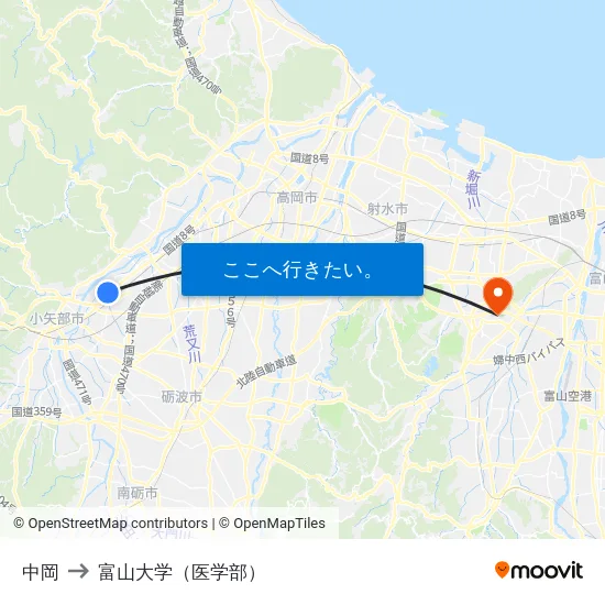 中岡 to 富山大学（医学部） map