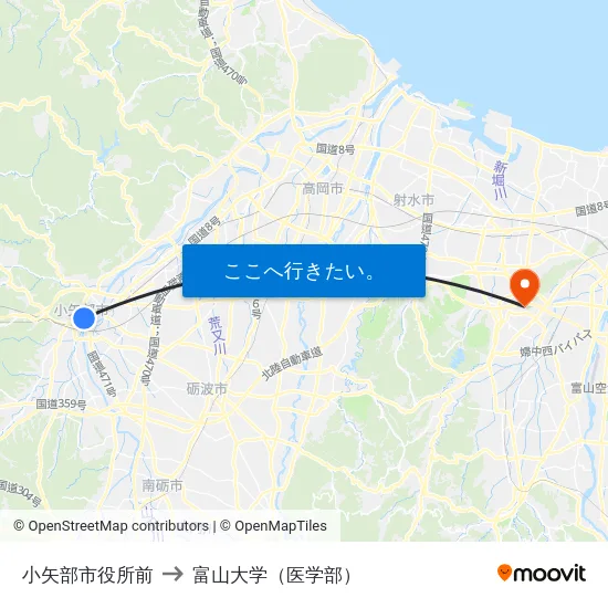 小矢部市役所前 to 富山大学（医学部） map