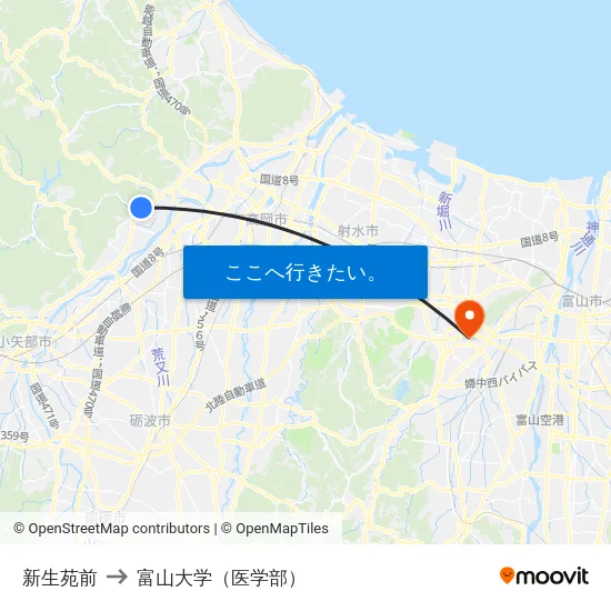 新生苑前 to 富山大学（医学部） map