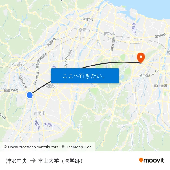 津沢中央 to 富山大学（医学部） map