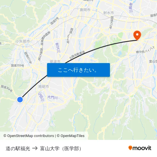 道の駅福光 to 富山大学（医学部） map