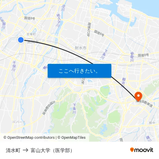 清水町 to 富山大学（医学部） map