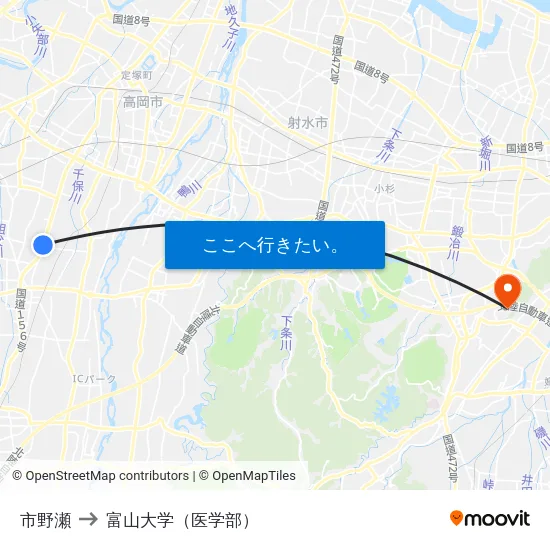 市野瀬 to 富山大学（医学部） map