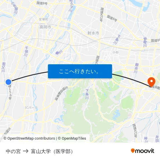 中の宮 to 富山大学（医学部） map