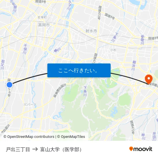 戸出三丁目 to 富山大学（医学部） map