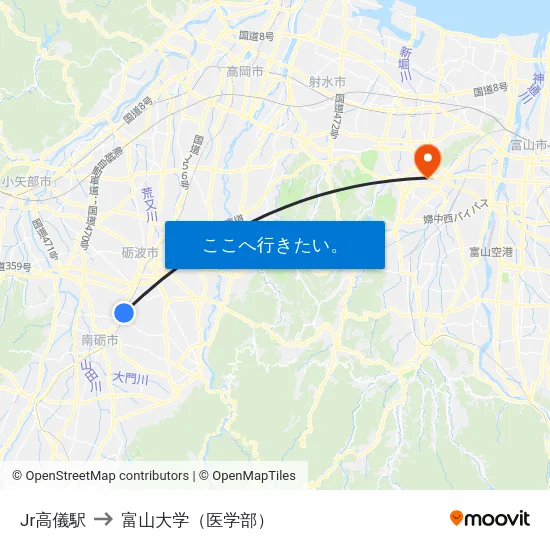 Jr高儀駅 to 富山大学（医学部） map
