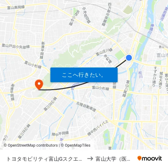トヨタモビリティ富山Gスクエア五福前 to 富山大学（医学部） map