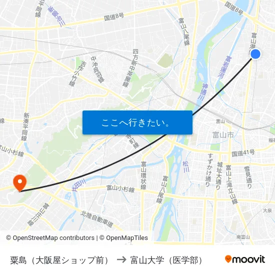 粟島（大阪屋ショップ前） to 富山大学（医学部） map