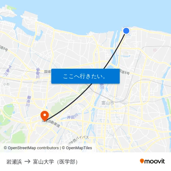 岩瀬浜 to 富山大学（医学部） map