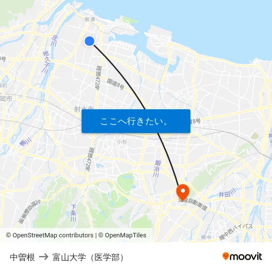 中曽根 to 富山大学（医学部） map