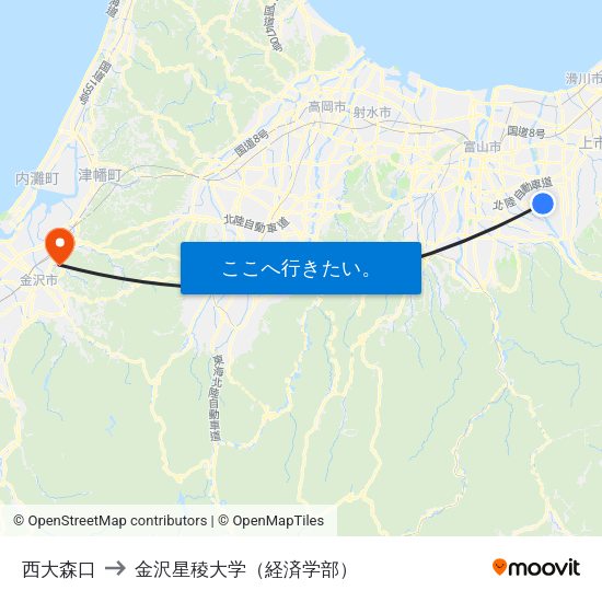 西大森口 to 金沢星稜大学（経済学部） map