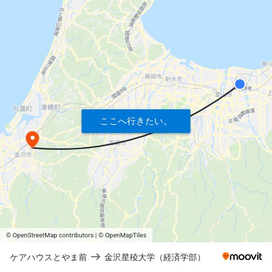 ケアハウスとやま前 to 金沢星稜大学（経済学部） map