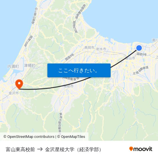 富山東高校前 to 金沢星稜大学（経済学部） map