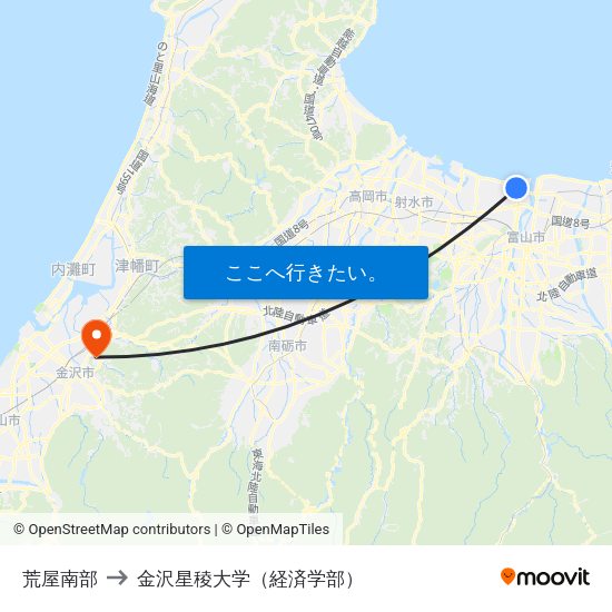 荒屋南部 to 金沢星稜大学（経済学部） map