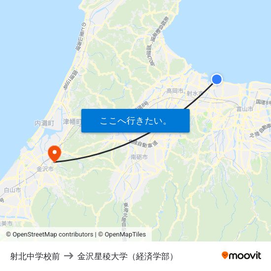 射北中学校前 to 金沢星稜大学（経済学部） map
