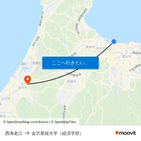 西海老江 to 金沢星稜大学（経済学部） map