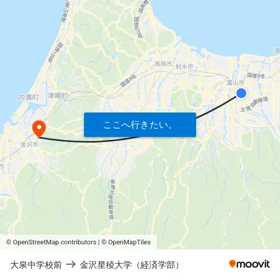 大泉中学校前 to 金沢星稜大学（経済学部） map