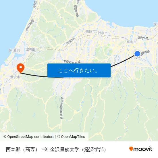 西本郷（高専） to 金沢星稜大学（経済学部） map