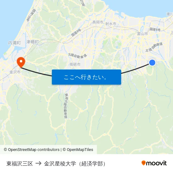 東福沢三区 to 金沢星稜大学（経済学部） map