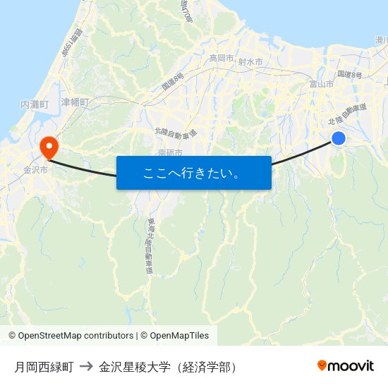 月岡西緑町 to 金沢星稜大学（経済学部） map