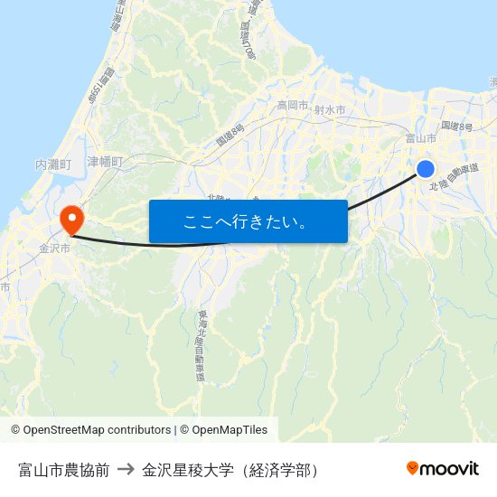 富山市農協前 to 金沢星稜大学（経済学部） map