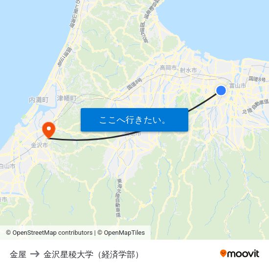 金屋 to 金沢星稜大学（経済学部） map