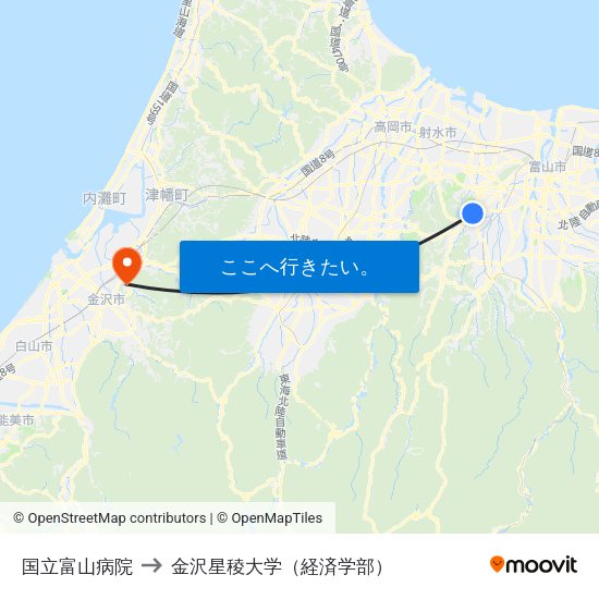 国立富山病院 to 金沢星稜大学（経済学部） map