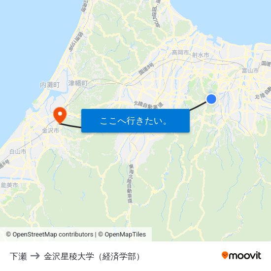 下瀬 to 金沢星稜大学（経済学部） map