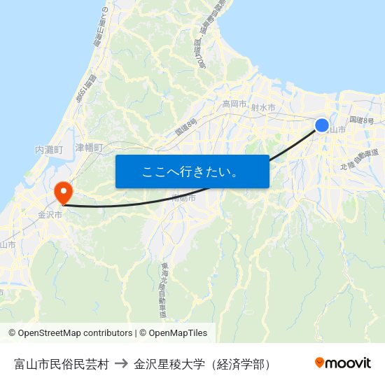 富山市民俗民芸村 to 金沢星稜大学（経済学部） map