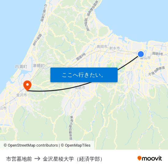 市営墓地前 to 金沢星稜大学（経済学部） map