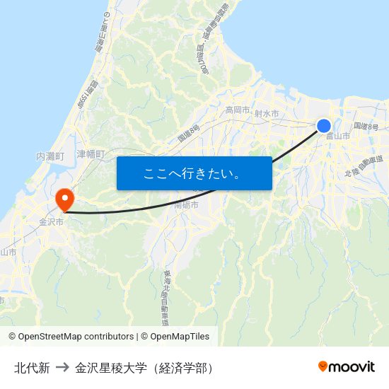 北代新 to 金沢星稜大学（経済学部） map