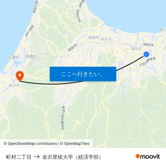 町村二丁目 to 金沢星稜大学（経済学部） map