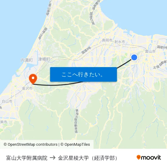富山大学附属病院 to 金沢星稜大学（経済学部） map