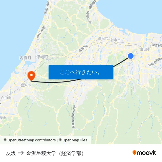 友坂 to 金沢星稜大学（経済学部） map