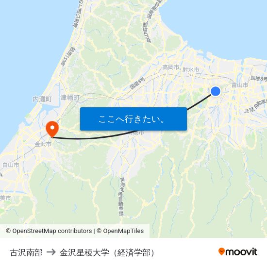 古沢南部 to 金沢星稜大学（経済学部） map