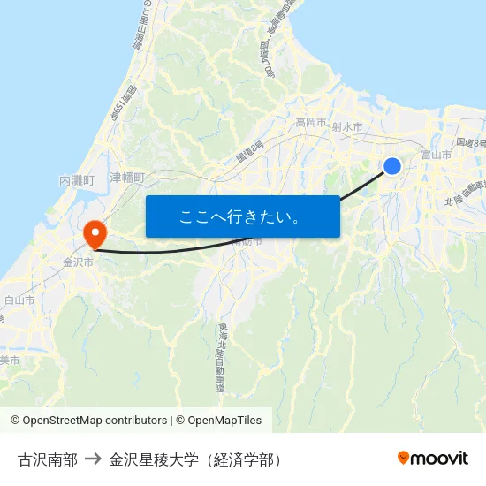 古沢南部 to 金沢星稜大学（経済学部） map