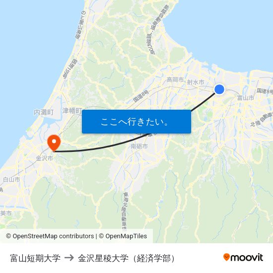 富山短期大学 to 金沢星稜大学（経済学部） map