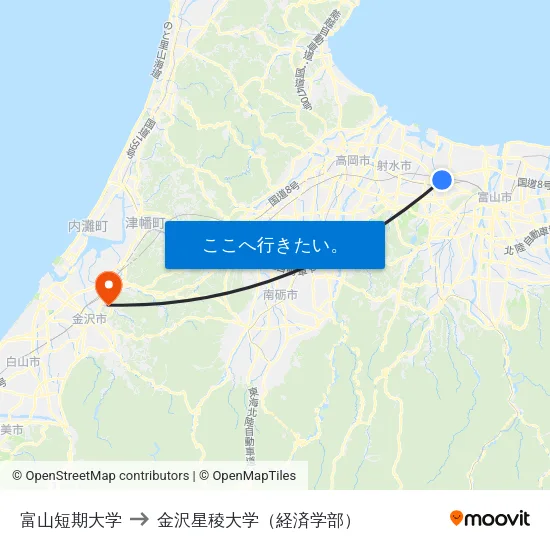 富山短期大学 to 金沢星稜大学（経済学部） map