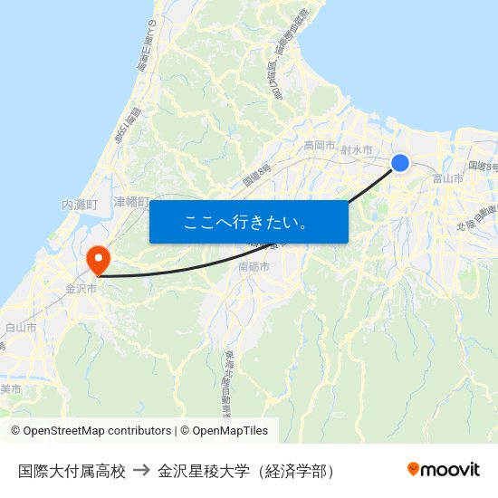 国際大付属高校 to 金沢星稜大学（経済学部） map