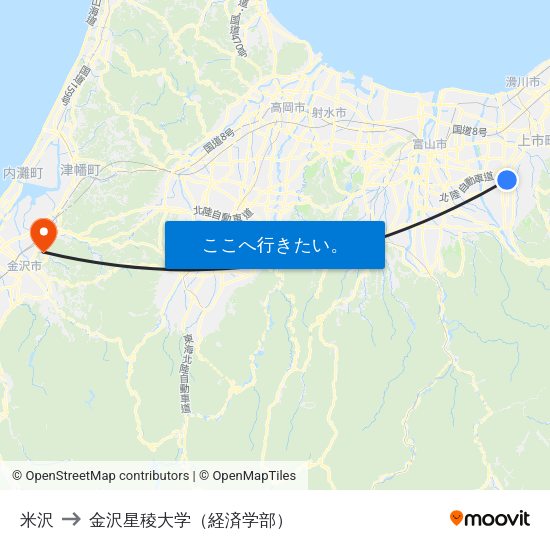 米沢 to 金沢星稜大学（経済学部） map