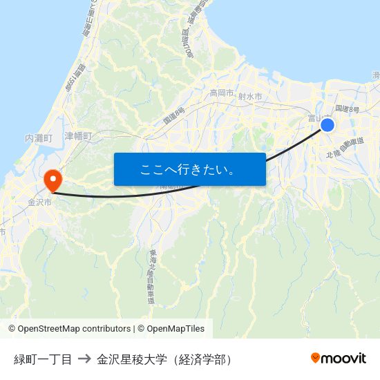 緑町一丁目 to 金沢星稜大学（経済学部） map