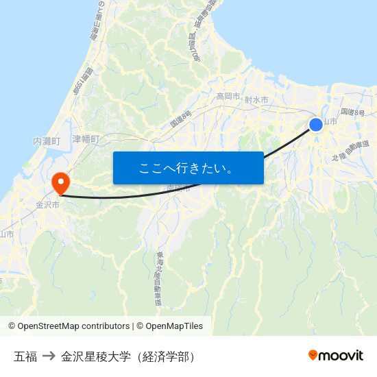 五福 to 金沢星稜大学（経済学部） map