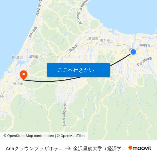 Anaクラウンプラザホテル前 to 金沢星稜大学（経済学部） map
